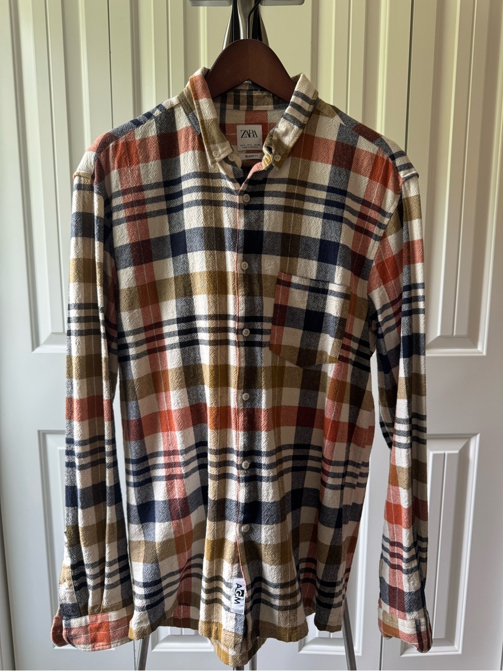 Zara Men's Plaid Button-Down Shirt in Rust, Navy & Olive